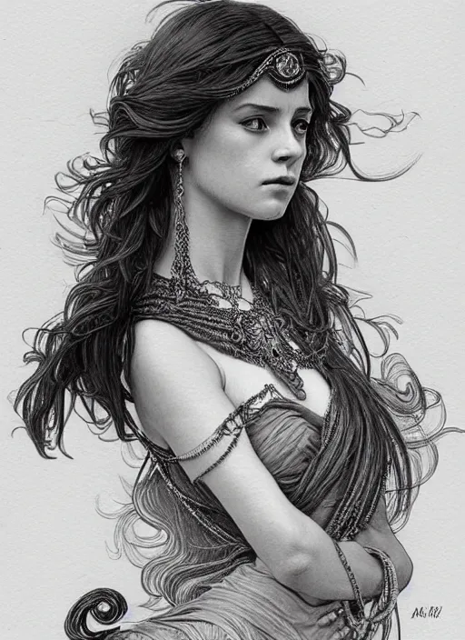 Prompt: a pencil drawing portrait of mia waskiowska, in a dress, jewelry, greek, intricate, headshot, highly detailed, drawn with pencil, black and white, artstation, concept art, sharp focus, cinematic lighting, illustration, art by artgerm and greg rutkowski, alphonse mucha, cgsociety