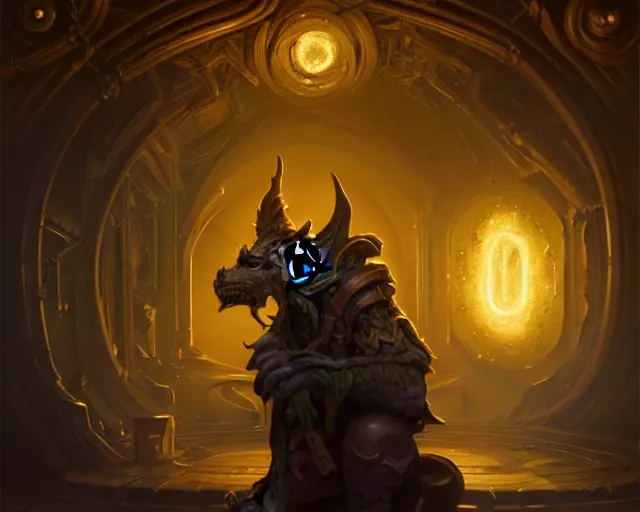 Image similar to a 4 k cinematic screenshot still portrait of a goblin in a dark liminal space room surrounded by gold, deep focus, d & d, fantasy, intricate, elegant, highly detailed, digital painting, art station, concept art, matte, sharp focus, illustration, dark fantasy style art, hearthstone, art by artgerm and greg rutkowski and alphonse mucha