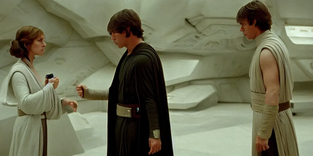 Prompt: screenshot from unreleased Star Wars film, Jedi Luke Skywalker played by Mark Hammil teaches Princess Leia the ways of the force, they stand in a jedi Temple, 1970s film by Stanely Kubrick film, color kodak, Ektachrome, anamorphic lenses, detailed faces, hyper-realistic, photoreal, detailed portrait, moody cinematography, strange lighting
