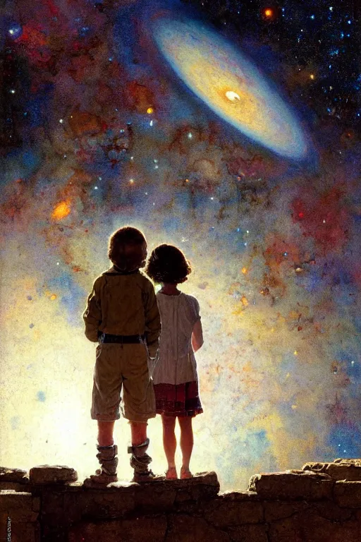 Image similar to a 1 2 year old boy and 1 0 year old girl looking at a wall and viewing the universe full of galaxies, part by norman rockwell, part by greg rutkowski, part by mattias adolfsson, high angle, ( ( ( ( volumetric lighting ) ) ) ), oil on canvas