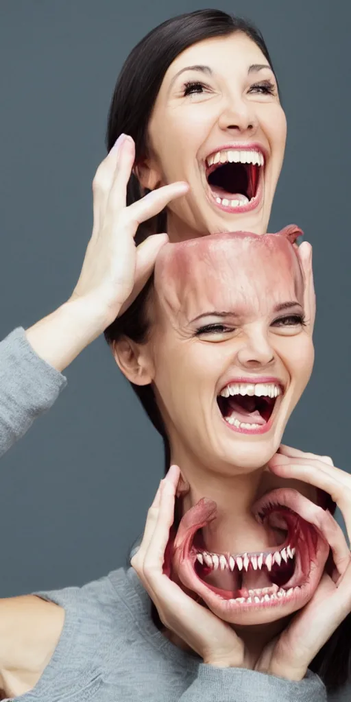 Image similar to a normal smiling woman with very long neck and sharp teeth smiling, scary, 50mm