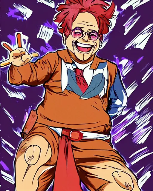 Image similar to Digital color pen drawing of Danny DeVito from JoJo\'s Bizzare Adventure, highly detailed, sharp focus, screentone shading, 1990 manga panel, trending on ArtStation, manga cover art drawn by Hirohiko Araki