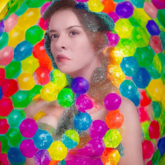 Prompt: a closeup portrait of a woman wrapped in colorful bubble wrap, standing in front of a black forest, color photograph, by vincent desiderio, canon eos c 3 0 0, ƒ 1. 8, 3 5 mm, 8 k, medium - format print