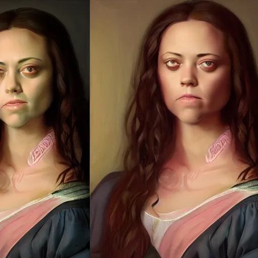 Image similar to pink petals with a a bored aubrey plaza and christina ricci mixed with mona lisa, intricate, elegant, highly detailed, wonderful eyes, sweet, digital painting, artstation, concept art, smooth, sharp focus, illustration, art by artgerm and greg rutkowski and concept art, rectilinear vaporwave