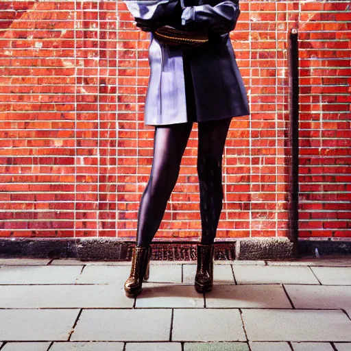 Image similar to un ultra high definition editorial photographic portrait of a female designer standing outside her trendy red brick london home wearing all eclectic clothes. wide angle. three point light. golden hour, golden ratio, ray tracing, volumetric light and shadow, shallow depth of field.