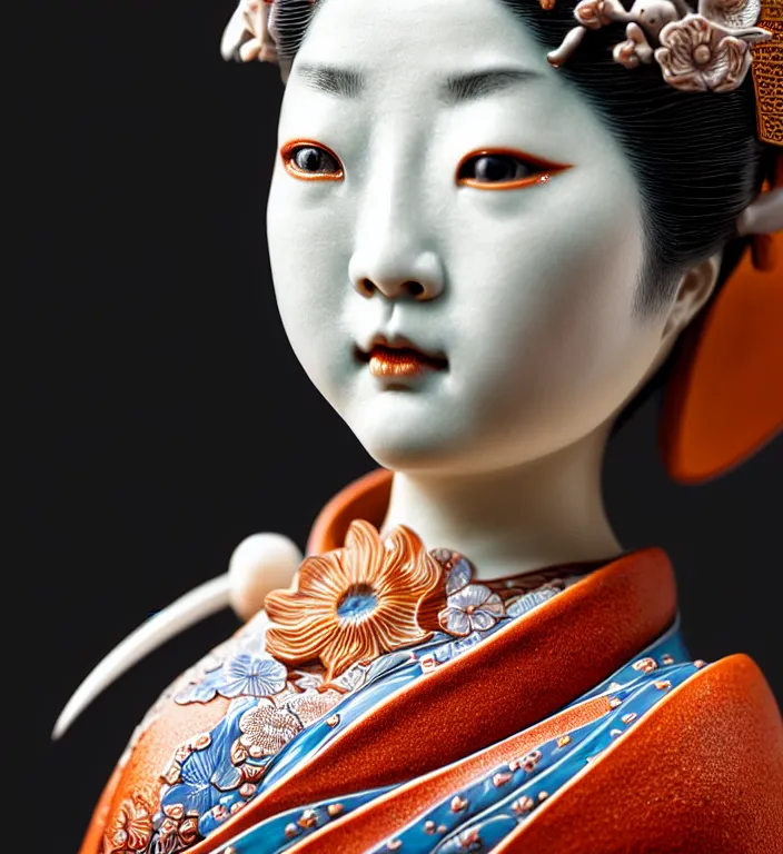 Image similar to Geisha, A Close up photo-real delicate ceramic porcelain sculpture of a symmetrical ornate detailed in front of an intricate background by Victo Ngai and takato yamamoto, micro detail, backlit lighting, face in focus, subsurface scattering, translucent, thin porcelain, octane renderer, colorful, physically based rendering, japanese pottery, trending on cgsociety