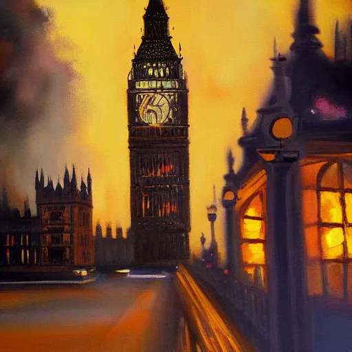 Image similar to detailed, soft, dynamic painting of the Big Ben on fire, professional painting, at dusk