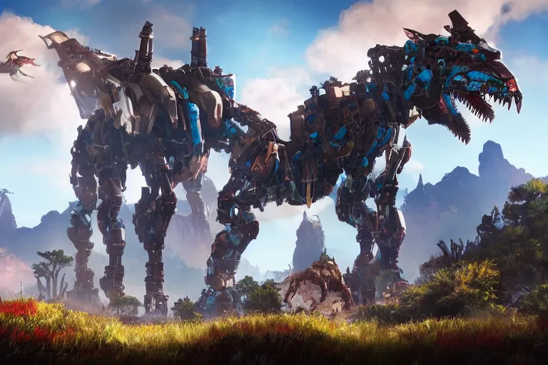 Image similar to grimhorn fanghorn machine mecha animal beast robot of horizon forbidden west horizon zero dawn bioluminiscence global illumination ray tracing hdr fanart arstation by sung choi and eric pfeiffer and gabriel garza and casper konefal