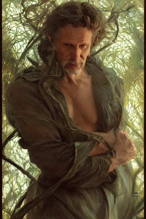 Prompt: portrait of rene auberjonois, forest, godlike, full body, fantasy, intricate, elegant, highly detailed, digital painting, artstation, concept art, sharp focus, illustration, art by artgerm and greg rutkowski and alphonse mucha