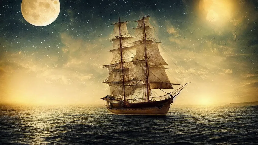 Image similar to beautiful sailing ship in the moon light with backlight beautiful dreamscape digital _ art concept art detailed lovely colors art _ stat