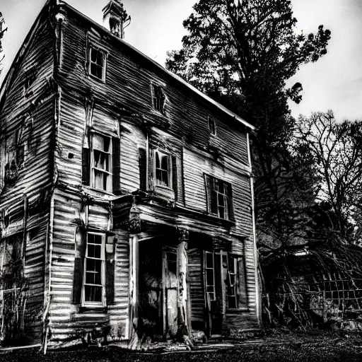 Prompt: exterior of a haunted house, late at night, spooky, eerie, dark, foreboding