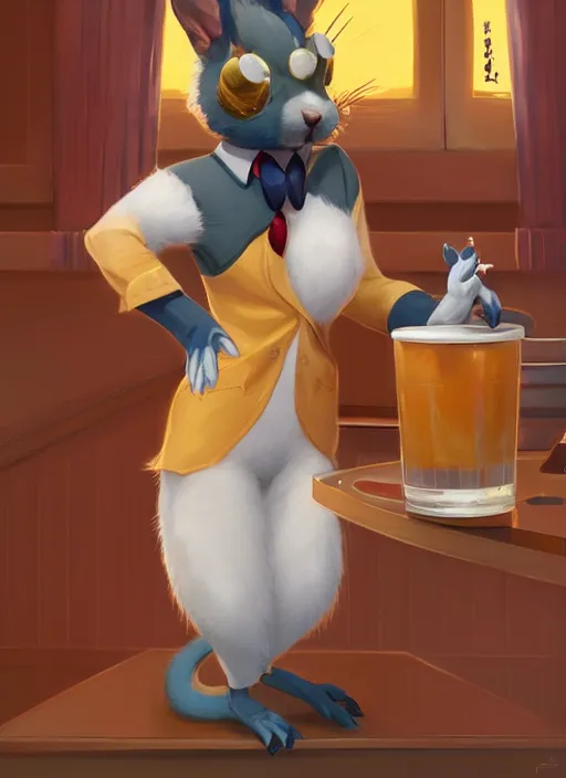 Image similar to squirrel anthro as a dapper bartender with a big, fluffy tail, retro futurism, art deco, detailed painterly digital art by WLOP and Cory Loftis, 🍋, furaffinity, trending on artstation