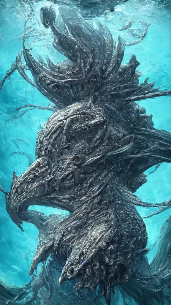 Image similar to ultra realist and ultra intricate detailed soft painting of an ancient creature angry boss in the ocean underwater environment, reflections, focus, detailed, realistic eyes, horizontal partial symmetry features proportions, intricate facial skin details, award winning, trending in cgsociety artstation deviant art, octane render