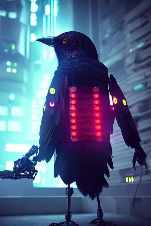 Image similar to high quality 3 d render very cute cyborg crow! incorporated speakers!, cyberpunk highly detailed, unreal engine cinematic smooth, in the style of blade runner & detective pikachu, hannah yata charlie immer, moody light, low angle, uhd 8 k, sharp focus