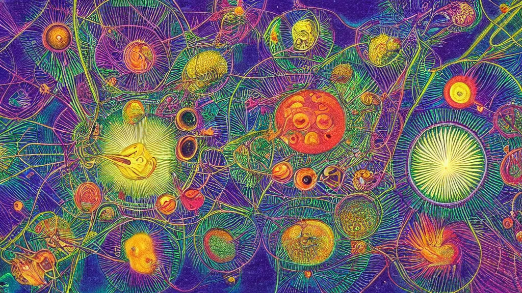 Image similar to quantum connections represented as symbiotic organisms like cells playing around with colorful lights by ernst haeckel, prismatic view