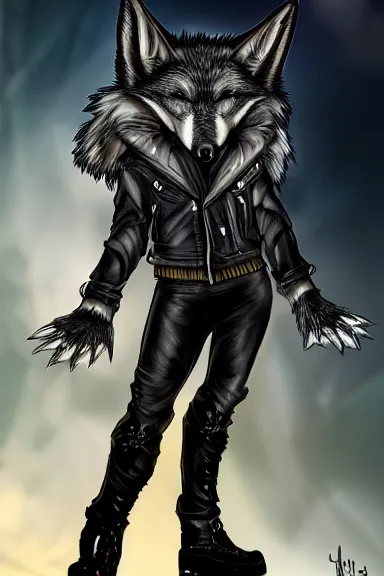 Image similar to A wolf-fox hybrid with a small head wearing a leather jacket and leather jeans and leather gloves, trending on FurAffinity, energetic, dynamic, digital art, highly detailed, FurAffinity, high quality, digital fantasy art, FurAffinity, favorite, character art