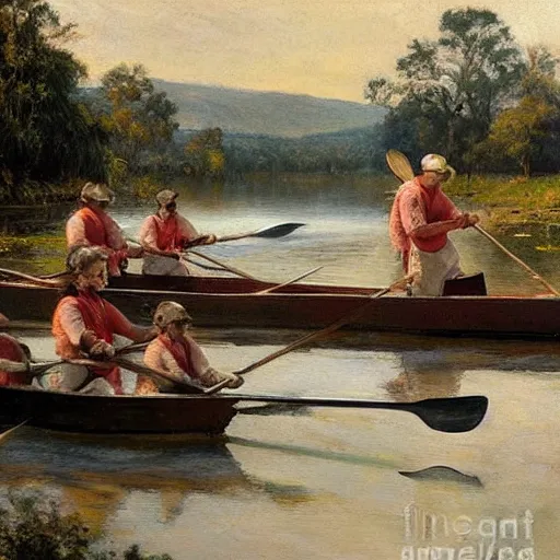 Prompt: a charles r knight painting of kappa rowing a boat