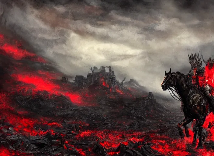 Prompt: a large warrior in full plate of black armor, splattered with blood, riding a large black warhorse, nightmare with red glowing eyes and red glowing mane and tail, blackened clouds cover sky crackling with lightning and rain in the distance, a castle in distance in flames and ruins, the ground is dark and cracked,