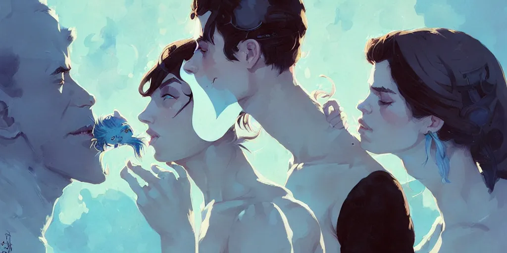 Image similar to portrait of dorian kissing elena by atey ghailan, by greg rutkowski, by greg tocchini, by james gilleard, by joe fenton, by kaethe butcher, dynamic lighting, gradient light blue, brown, blonde cream and white color scheme, grunge aesthetic