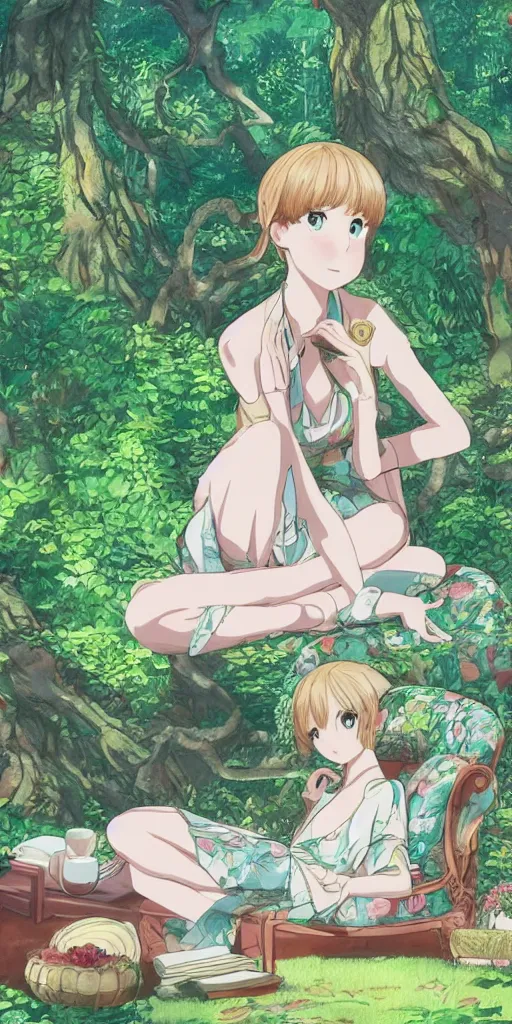 Image similar to a queen of good vibes sitting by herself on a sofa in a forest, drawn by CloverWorks, intricate detail