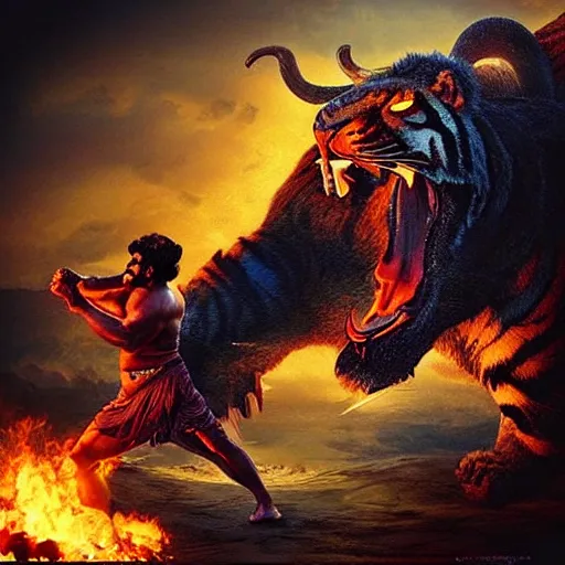 Image similar to “an 8k uhd photorealistic picture of Bahubali fighting a demon tiger at the gates of hell”