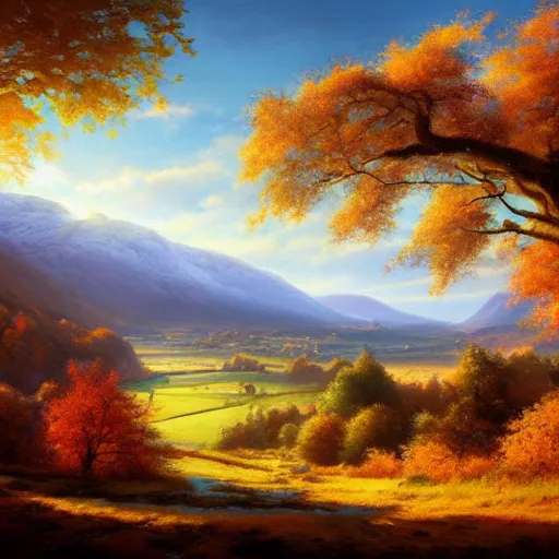 Prompt: beautiful autumnal scottish valley view by tyler edlin