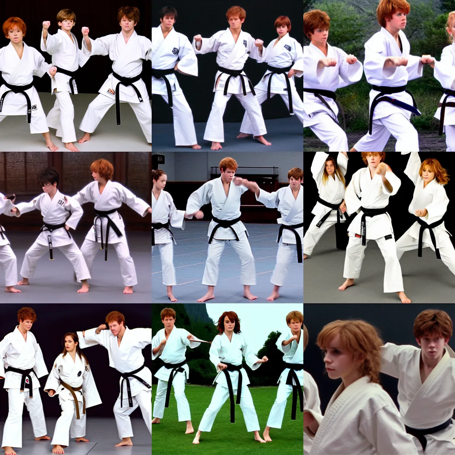 Prompt: Harry, Ron and Hermione learning karate, wearing white gi's