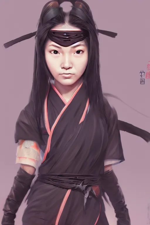 Image similar to native japanese young woman dressed like shinobi ninja, focused stare, partially masked, highly detailed, photobash, photorealistic render, trending on artstation, character design, cinematic lighting