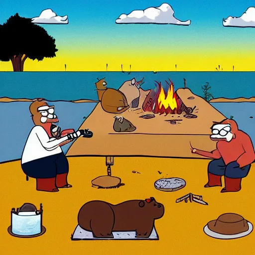 Image similar to capybaras camping on the seaside and one is playing guitar around the fire by matt groening by yuga labs and by pendleton ward