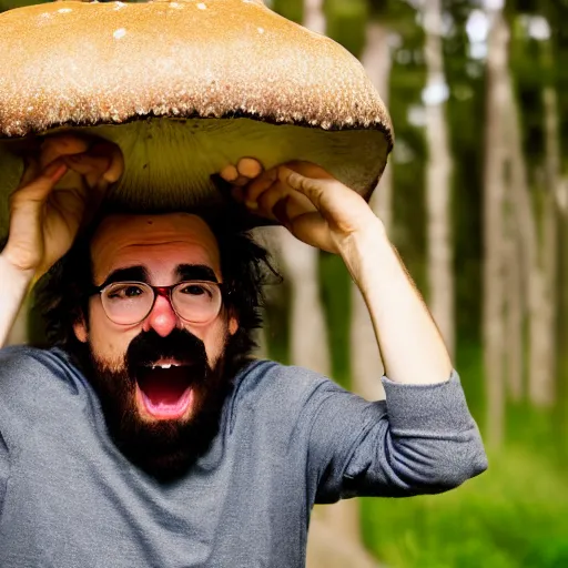 Image similar to photo of real life mario finding a giant mushroom, exhilarated, portrait, closeup. mouth open, 30mm, bokeh