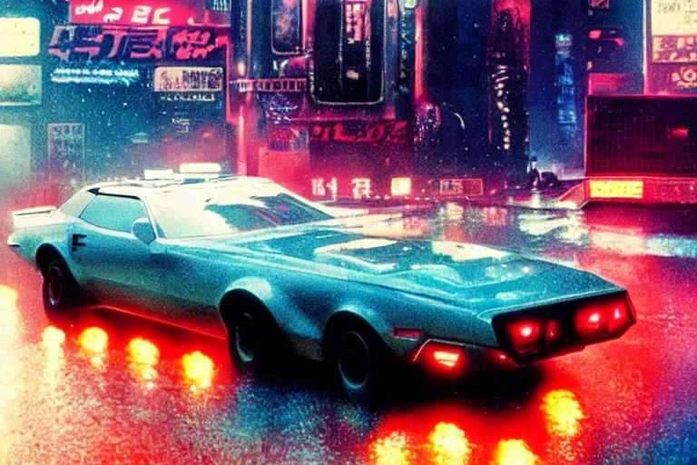 Prompt: a single trans am, speeding down tokyo highway in the rain, night time, neon lights, thunderstorm, movie still from the film bladerunner