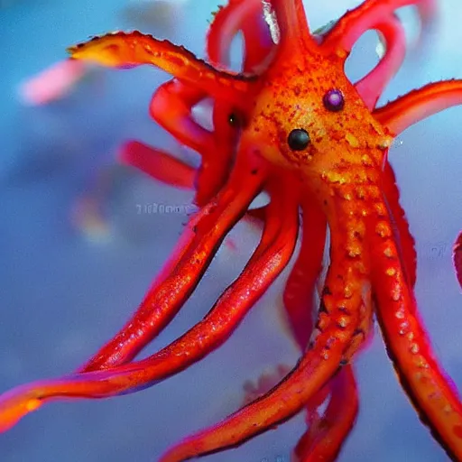 Image similar to fiery whimsical emotional eyes cephalopod, in a photorealistic macro photograph with shallow dof, in the deepest seas of the unconscious psyche