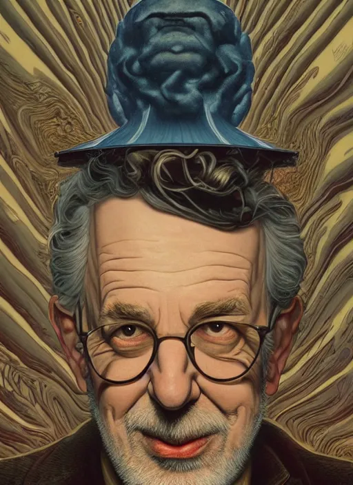 Prompt: poster artwork by Michael Whelan and Tomer Hanuka, Karol Bak of portrait of Steven Spielberg, from scene from Twin Peaks, clean