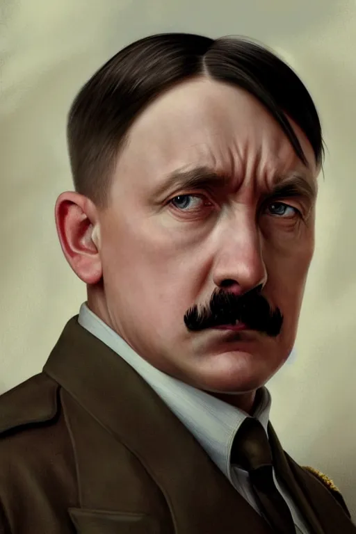 Image similar to photorealistic portrait photograph of adolf hitler, kawaii!! handsome, depth of field, soft focus, highly detailed, intricate, realistic, national geographic cover, soft glow, textured, artstation, concept art, sharp focus, illustration, art by artgerm and greg rutkowski and alphonse mucha