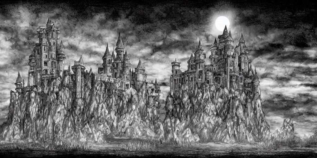 Image similar to illustration of a fantasy Castle in the middle of the desert, monochrome, manga style, by Kentaro Miura, sharp, dramatic lighting