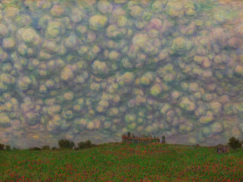 Image similar to astragalus on the psychedelic burial mound, mammatus cloud, paintinb by simon stalenhag, claude monet