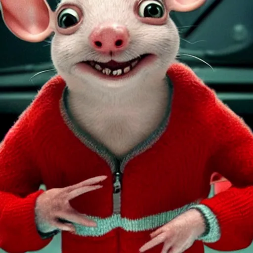 Prompt: stuart little from the movie stuart little is a terrifying and murderous eldritch being wearing a red sweater, demonic mouse, rabbid mouse, evil, diabolical, piercing gaze, wide eyes, gaping mouth, unhinged jaw,