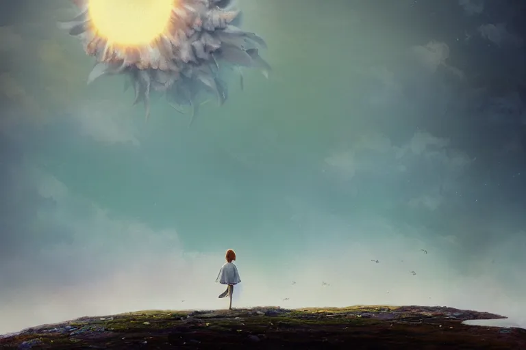 Image similar to giant white daisy flower head, girl walking on cliff, surreal photography, solar eclipse, milky way, dramatic light, impressionist painting, clouds, digital painting, artstation, simon stalenhag