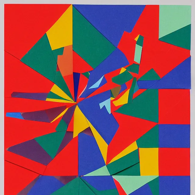 Prompt: origami of karl marx in a minimalist collage of geometric shapes, tetrachromacy, primary colors, in the style of ikko tanaka, japanese graphic design, 1 9 9 0