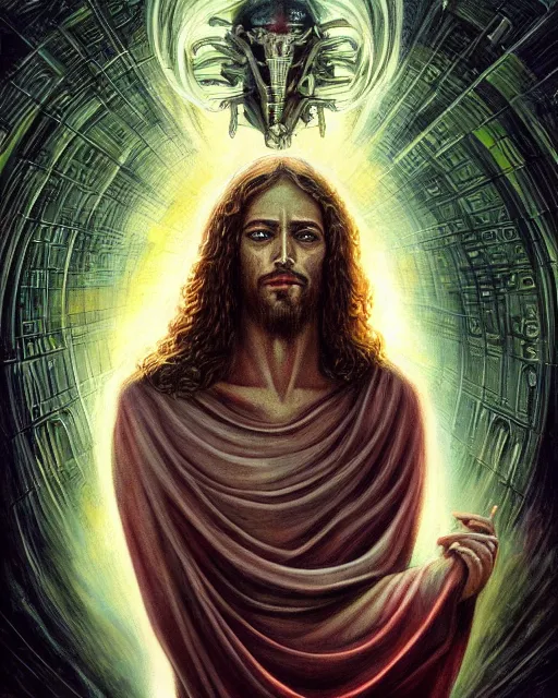 Image similar to jesus christ, by antonio j. manzanedo, giger, alex grey, android jones, wayne barlowe, philippe druillet, raymond swanland, cyril rolando, josephine wall, harumi hironaka, trending on artstation