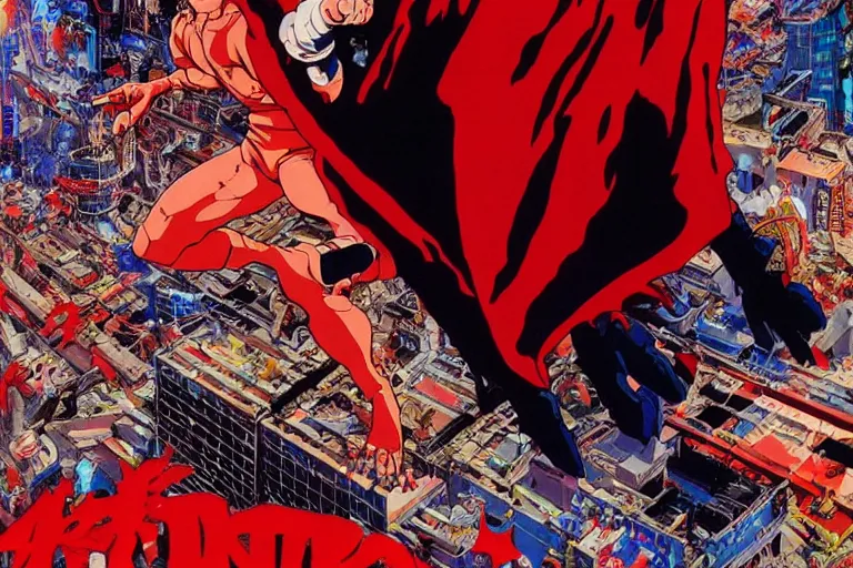 Image similar to Ariel view of Tetsuo wearing torn red cape with incredibly powerful right arm consuming Neo-Tokyo created by Hideaki Anno + Katsuhiro Otomo +Rumiko Takahashi, Movie poster style, box office hit, a masterpiece of storytelling, (Akira 1988) highly detailed 8k