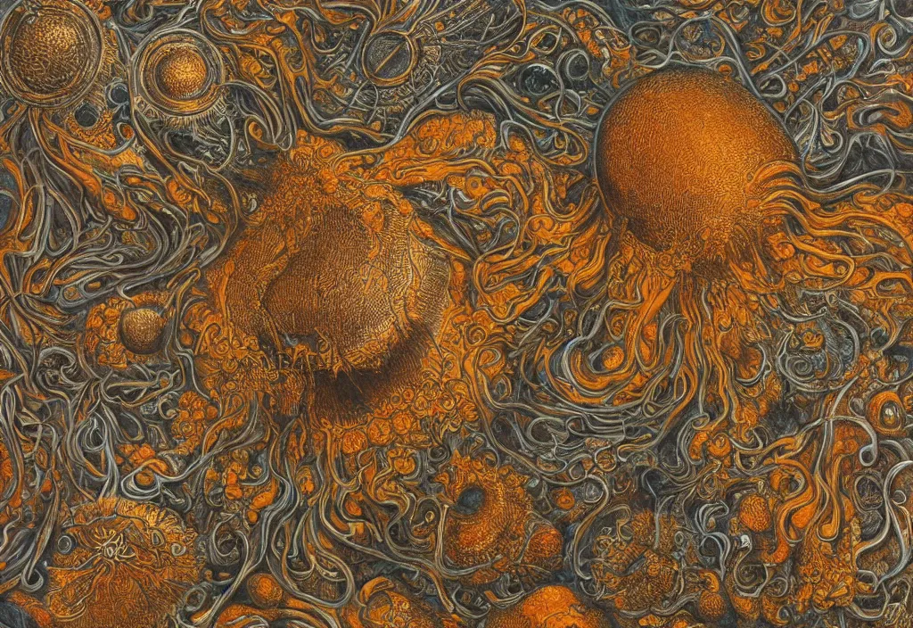 Image similar to helmet on the ground flourishes with orange big mold by ernst haeckel, digital art, 4k, trending on artstation, highly detailed