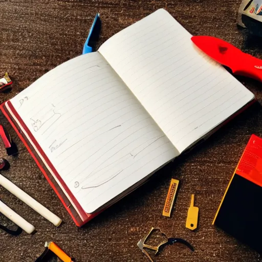 Prompt: a note book with construction materials around it