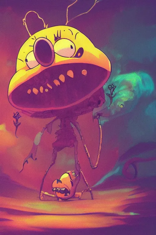 Prompt: concept art painting of a demonic possessed spongebob, moody vibe, moody lighting, artgerm, moebius, inio asano, toon shading, cel shading, calm, tranquil, vaporwave colors,