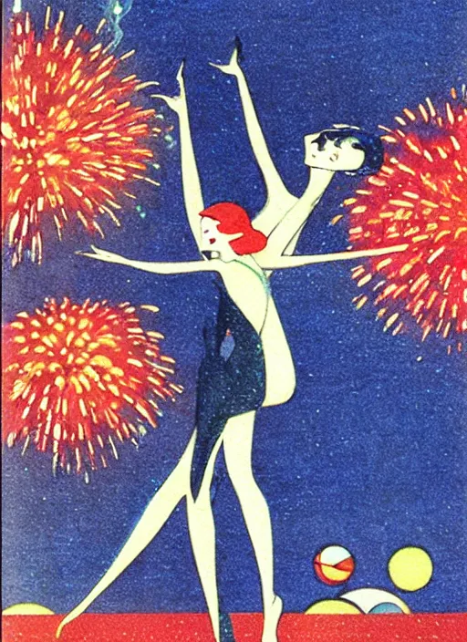 Prompt: a surrealist architectural illustration of two figures dancing in a sea of fireworks by Seiichi Hayashi, 1920s art deco, by Telemaco Signorini, vintage postcard, a vintage anime 70s comic book watercolor by Dean Ellis and by Hiroshi Yoshida