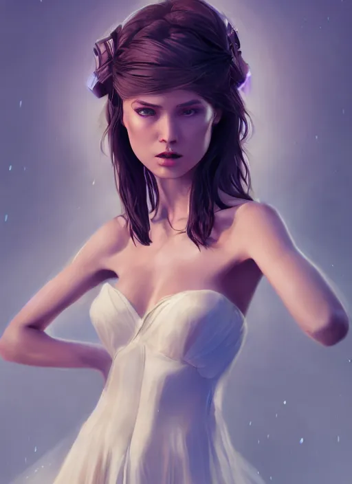 Image similar to beautiful fashion goddness, strapless dress, character portrait in the style of thomas river and artgerm, wlop, cinematic lighting, hyperdetailed, 8 k realistic, symmetrical, global illumination, radiant light, halo, love and mercy, frostbite 3 engine, cryengine, dof, trending on artstation, digital art, chanel