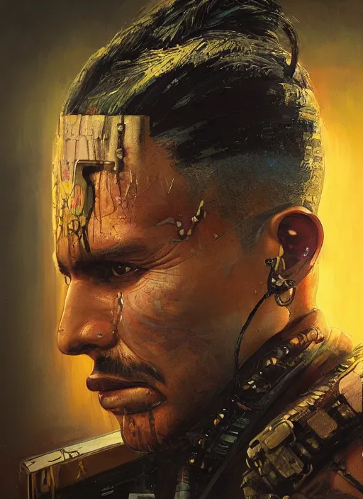 Prompt: cyberpunk military indian man ( blade runner 2 0 4 9, dystopian, cyberpunk 2 0 7 7 character design ), advanced warfare, attractive face. portrait by james gurney and laurie greasley and yoji shinkawa, oil on canvas. cinematic composition, hyper realism, realistic proportions, anatomy, dramatic lighting, photorealistic, high detail, 4 k