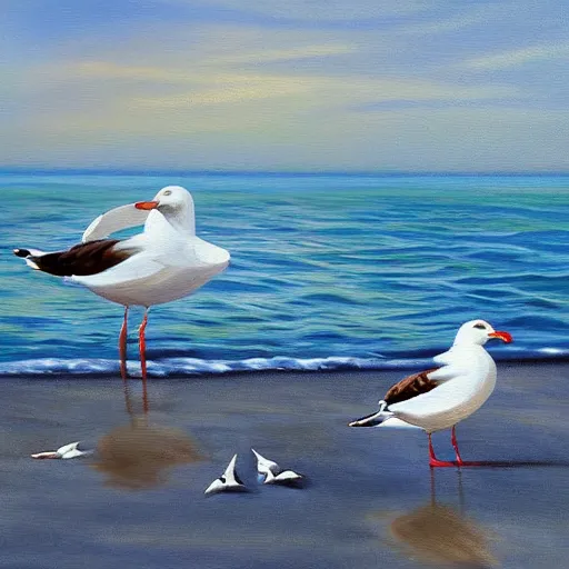 Prompt: seagulls in pancakes seaside painting realistic 4k