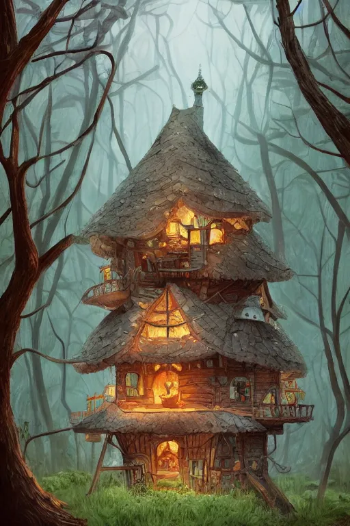 Prompt: a minimalist storybook illustration of a ramshackle multistory fairytale hut in the forest, intricate, elegant, fantasy, highly detailed, digital painting, concept art, sharp focus, artstation