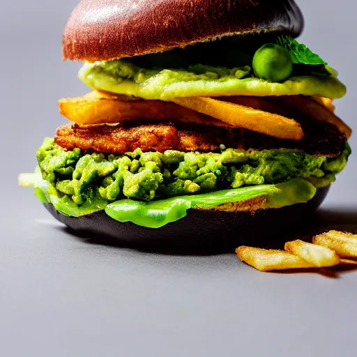 Image similar to vegan hamburger with guacamole, crispy fried onion and a fried egg, crispy buns, next to french fries, side view, 8 k resolution, studio lighting, sharp focus, hyper - detailed